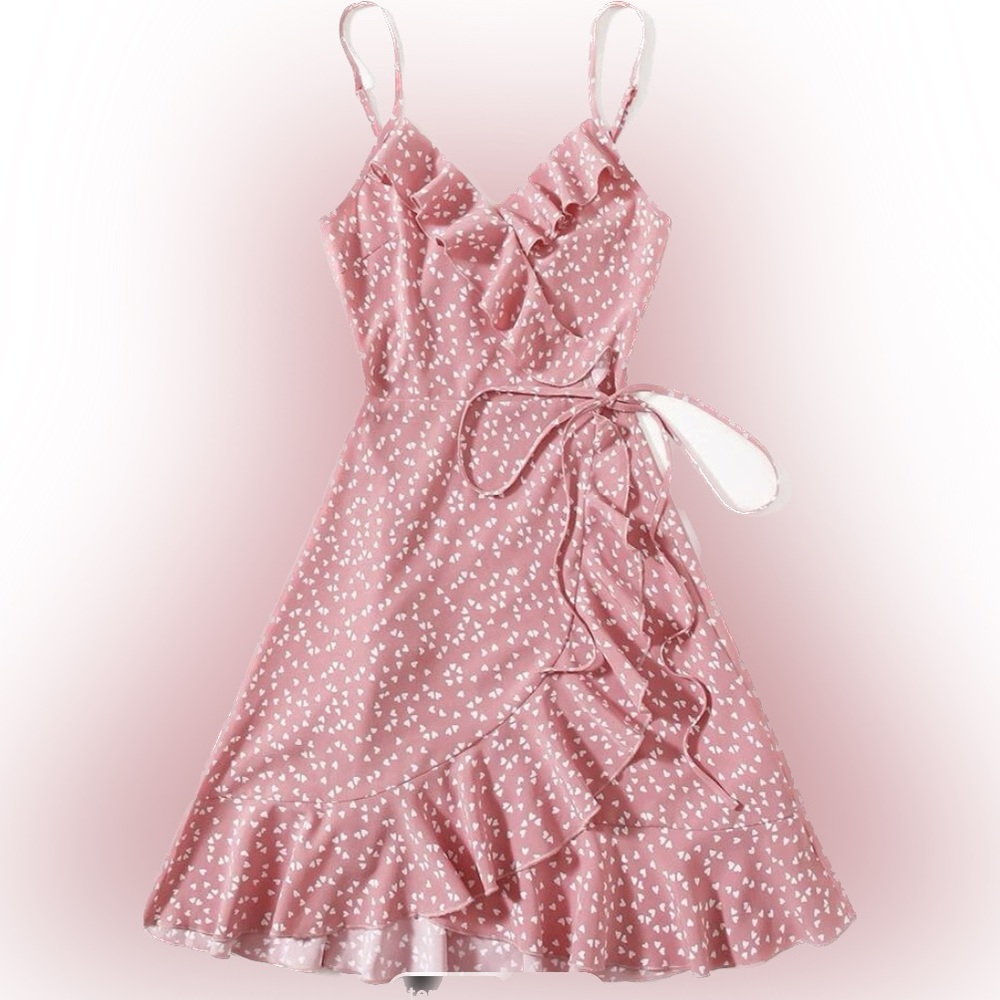 SHEIN VCAY Allover Heart Print Ruffle Detail Wrap Cami Dress